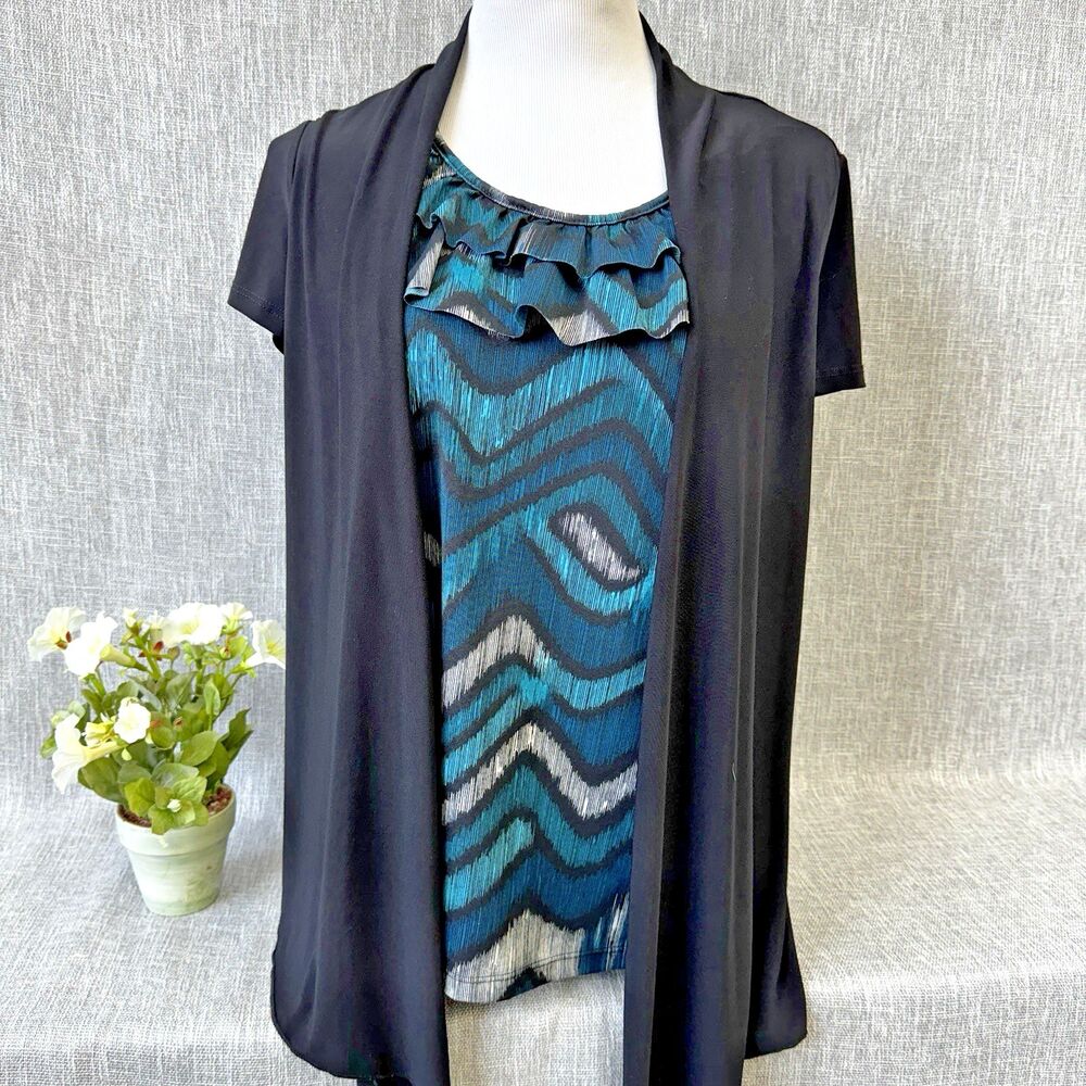 Perception Concept 2-in-1 Cardigan Tank Top Blouse M Blue black Chevron Ruffle